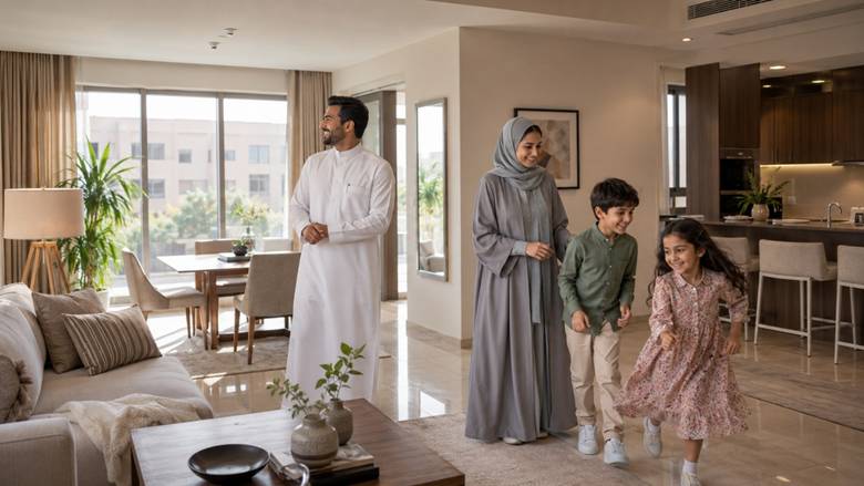 Alt text suggestion:
**Saudi family viewing a bright furnished apartment in North Riyadh with a spacious living area, dining space, modern kitchen, and large windows.**